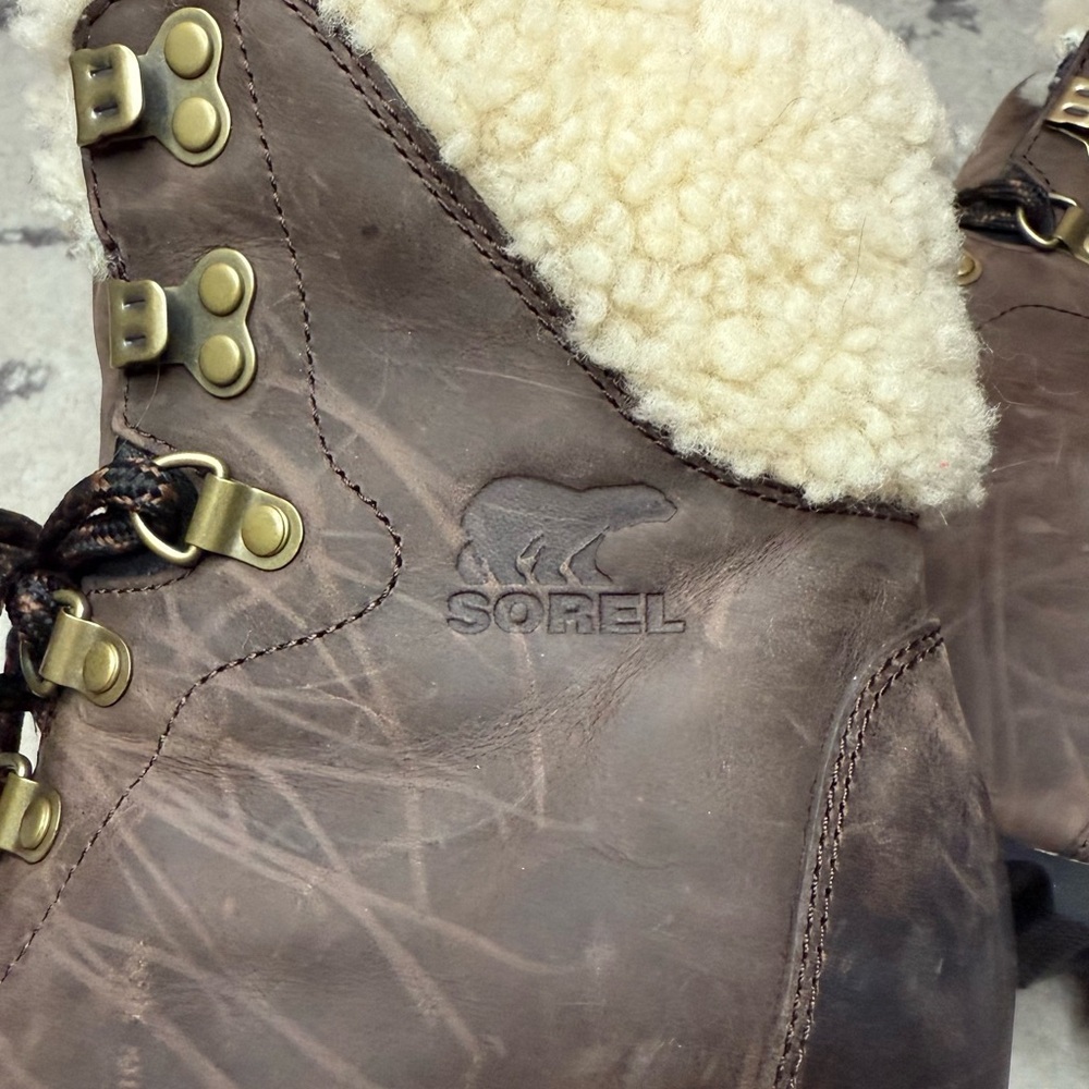 SOREL Conquest Shearling Lined Hidden Wedge Genuine Leather Lace Up Winter Boots - Picture 14 of 14